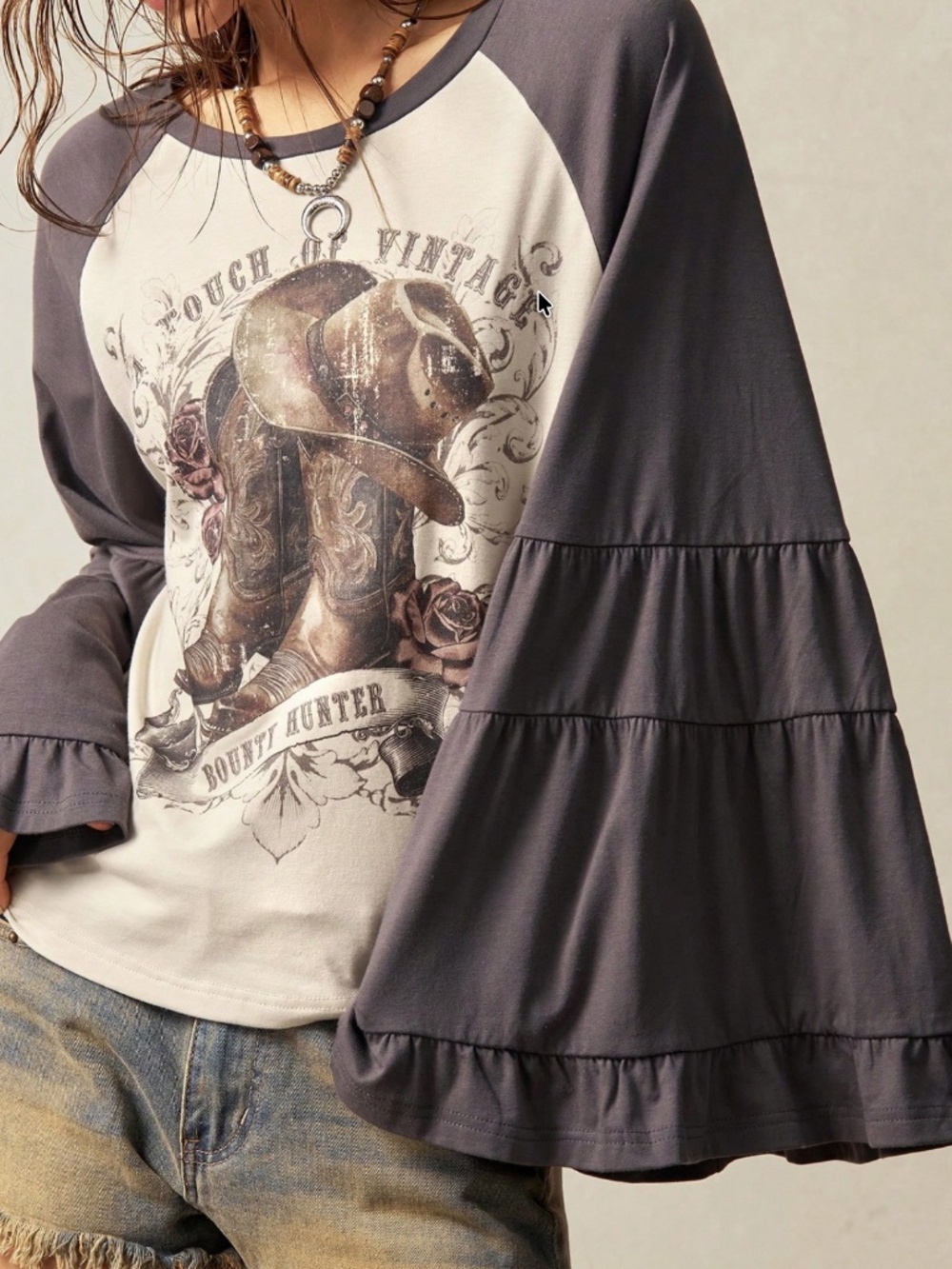 Western Cowboy Hat Floral Print Bell Sleeve Cotton Top - Picture 5 of 7